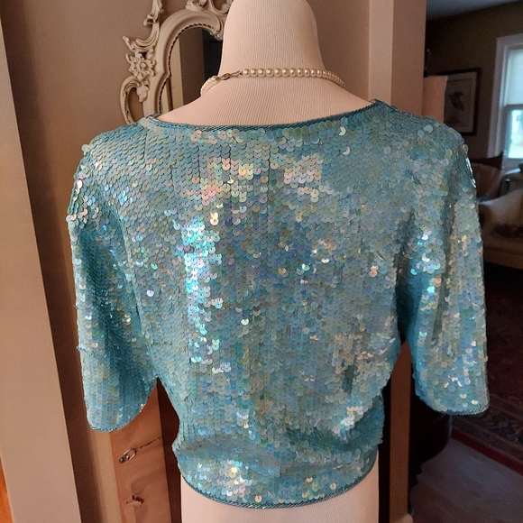 Mermaid Blue Iridescent Sequin  crop sweater M vintage Bollywood Style - Picture 4 of 7